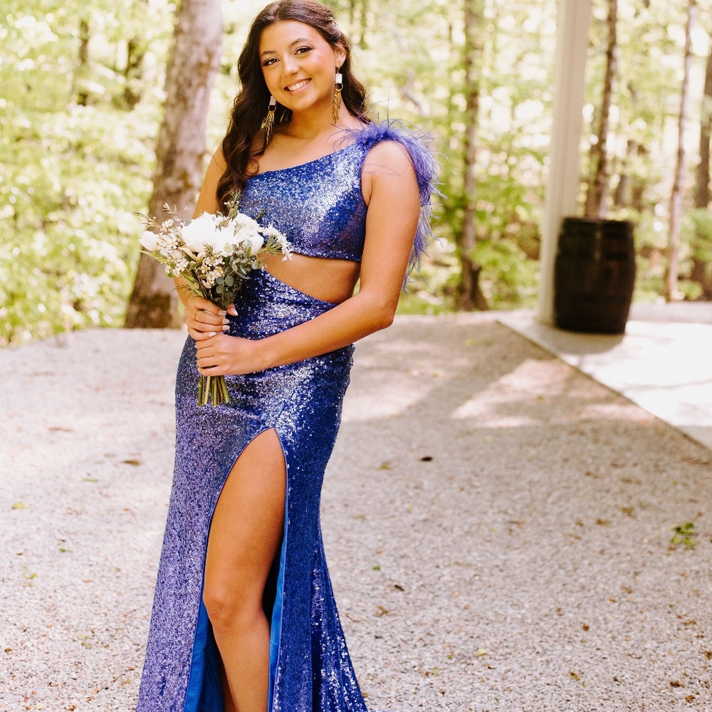 Sherri Hill Dress 55096 One Shoulder, Cut-out, High Slit, Feathers, Periwinkle